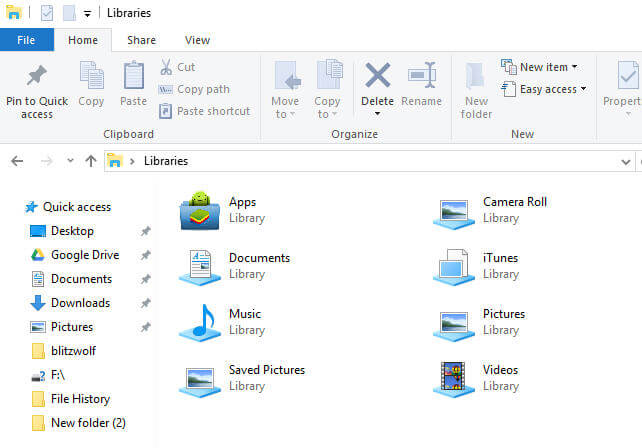 Windows 10 Libraries by default