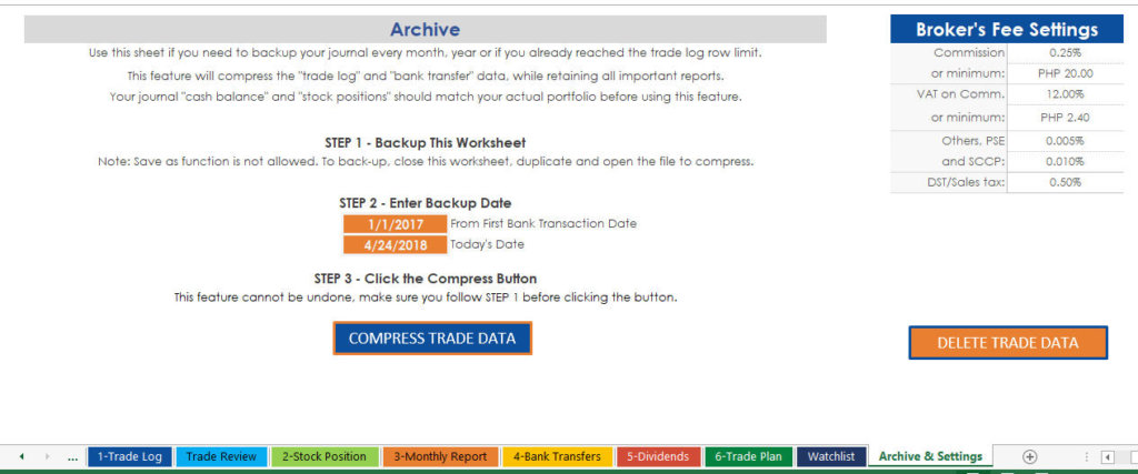 PSE Trading Journal Spreadsheet - Archive and Settings