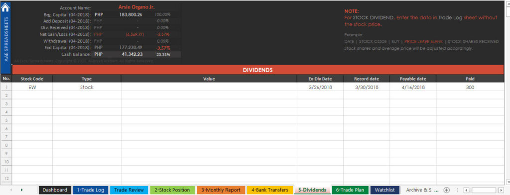 PSE Trading Journal Spreadsheet - Dividends