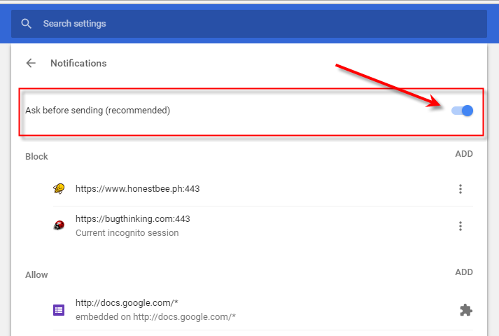 google chrome notifications settings