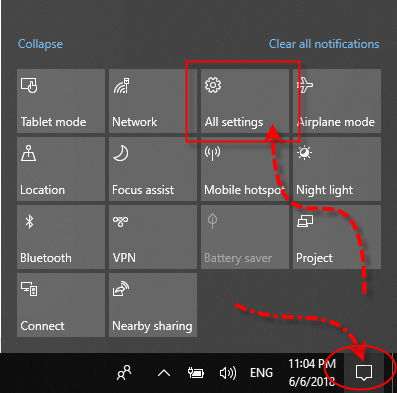 Action Center All Settings Notification