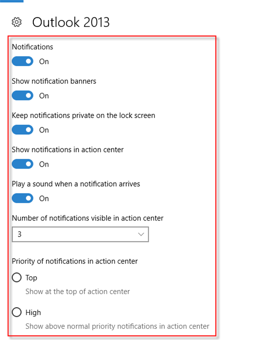 Microsoft 2013 Notification options